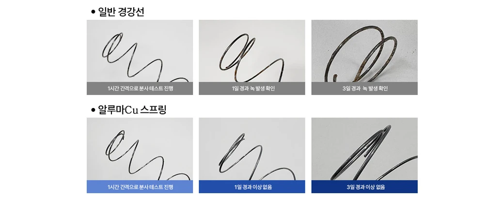 내식성 테스트 결과 — 일반 경강선과 알루마Cu 스프링 비교